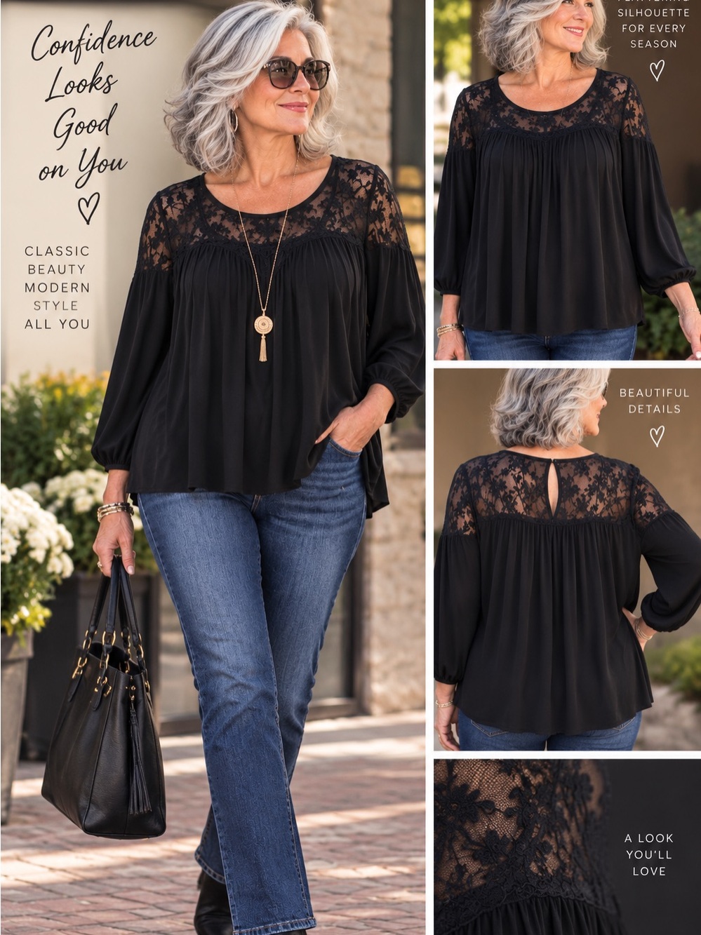Lane Bryant Black Lace Yoke Long-Sleeve Blouse Size 14/16